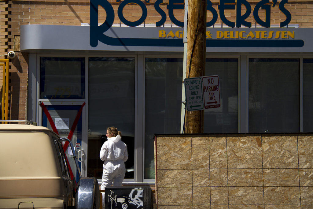 Crime scene investigator locks the door at Rosenberg's Bagels on May 12. (Kevin J. Beaty/Denverite)
rosenberg's; rosenbergs; five points; denverite; denver; colorado; kevinjbeaty