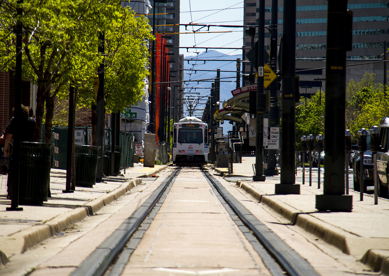 An RTD train parked at the end of the line in Five Points.