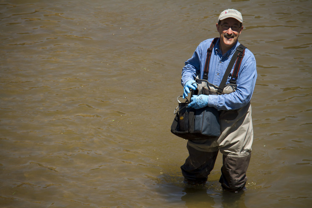 Denver Department of Environmental Health administrator Jon Novick samples water in the middle of Confluence Park. (Kevin J. Beaty/Denverite) platte; cherry creek; river; water; health; environment; city; confluence park; denver; colorado; kevinjbeaty; denverite