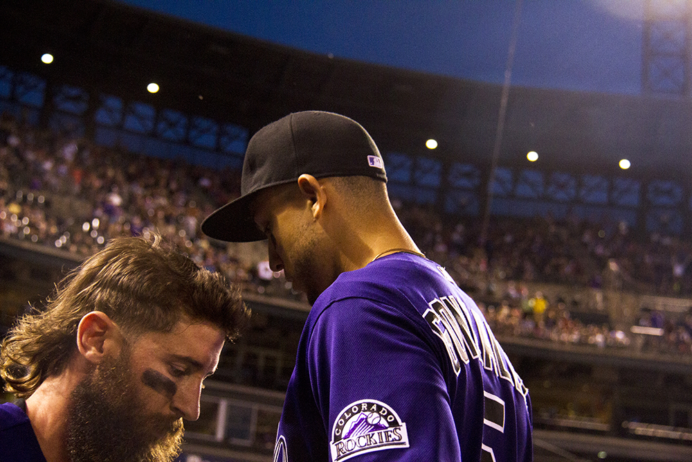 Outfielders Charlie Blackmon and Carlos Gonzalez. Colorado Rockies vs San Diego Padres. June 10, 2016. (Kevin J. Beaty/Denverite)
colorado rockies; baseball; sports; coors field; denver; colorado; denverite