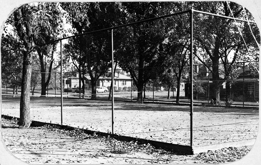 "Tennis court Columbus Park 38th & Osage” “View of the tennis court in Columbus Park at 38th (Thirty-eighth) Avenue and Osage Street in Denver, Colorado.” Between 1930 and 1940. (Denver Public Library/Western History Collection/X-20330)