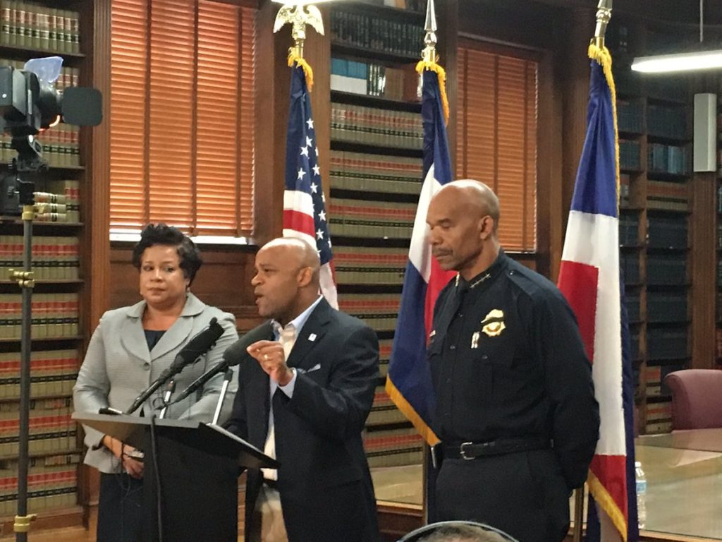 Mayor Michael Hancock speaks in response to a violent week in the U.S. (Erica Meltzer/Denverite)
