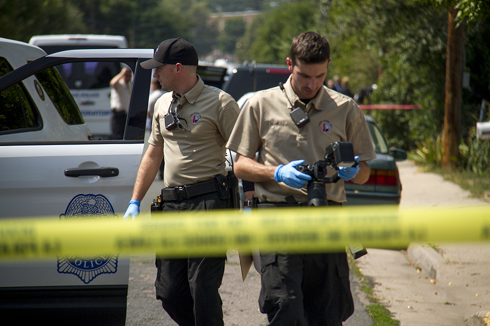 A crime scene after an officer-involved shooting near Bates and Bryant, southwest Denver, on Aug. 31, 2016. (Kevin J. Beaty/Denverite)
crime scene; police; denver; colorado; kevinjbeaty; college view; south platte;