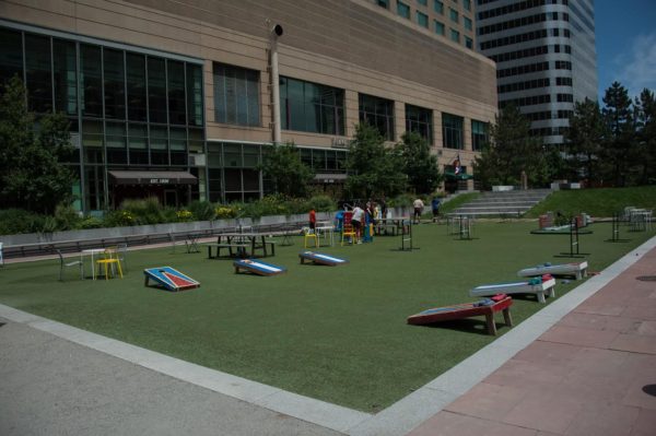 The location of the future Skyline Beer Garden, where you can already play lawn games. (Photo by Glenn Ross/glennrossphoto.com)