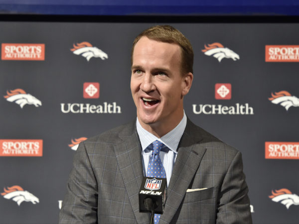 Denver Broncos quarterback Peyton Manning (18) retirement at UCHealth Training Center in Englewood, Colo. March 7, 2016 (Photo by Eric Lars Bakke/ Denver Broncos)