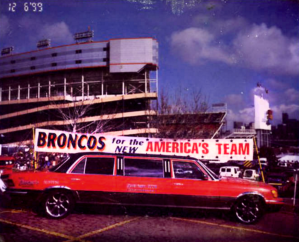 Photo shows a 1973 Mercedes Benz 450 SEL limo before being crushed. The car, owned by Ralph Williams aka "The Limo Driver" had been turned into a Bronco-mobile in 1998. The car had been stolen from a repair shop at 28th Avenue and Colorado Blvd. last Wednesday, when he wanted to replace its engine and have it repainted in time for the Broncos playoff game this Saturday. (Ralph Williams/Special, Rocky Mountain News/Denver Public Library/Western History Collection/RMN-031-4299)
denver public library; dpl; archival; archive; historic; broncos; limo; football; mile high field; denver; denverite; colorado;