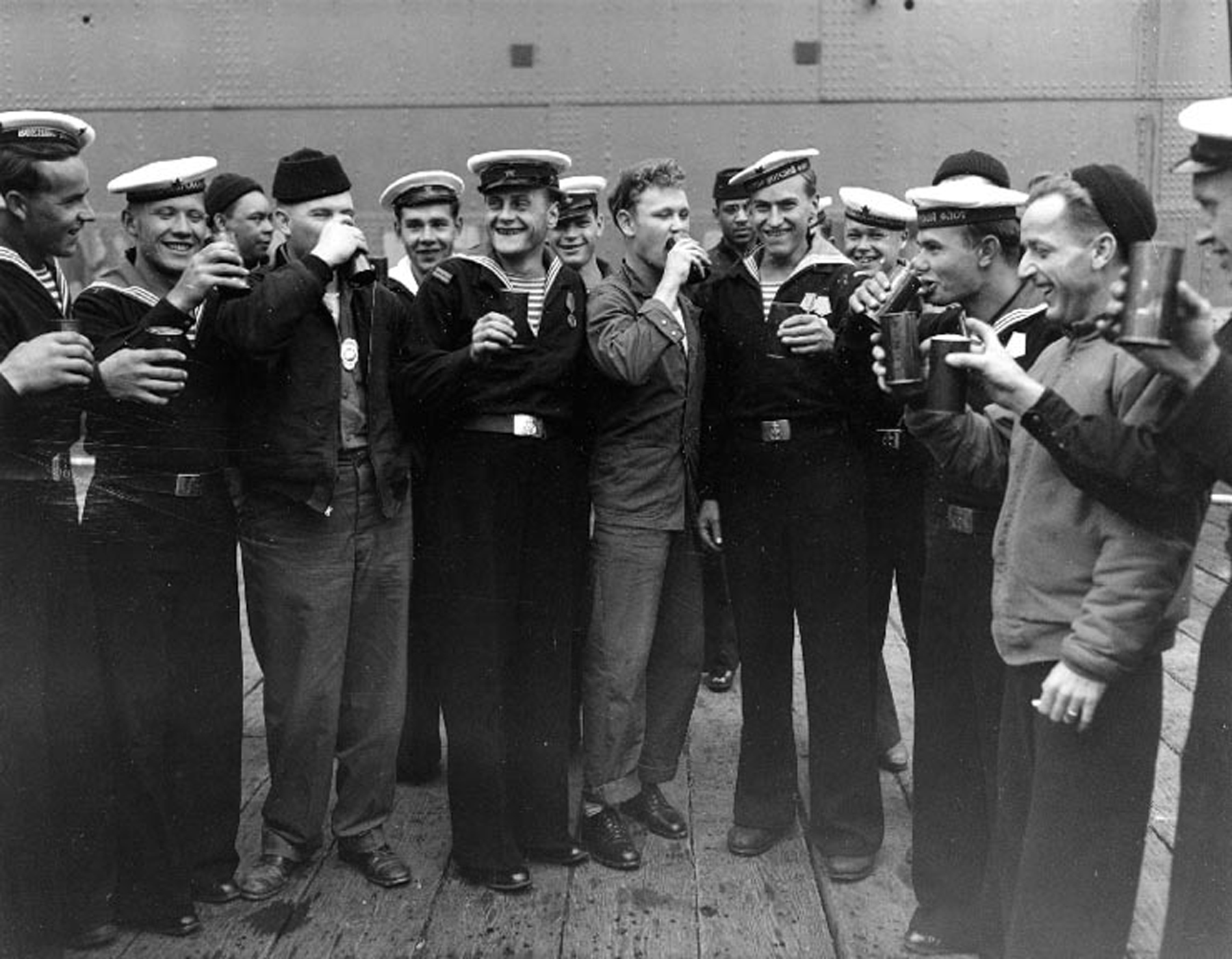 U.S. and Soviet sailors in Alaska celebrate the end of World War II. (U.S. Navy archives)