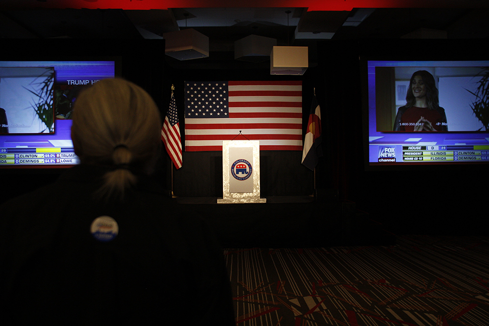 2016 GOP watch party at the Double Tree Hotel in Greenwood Village on Nov. 8, 2016. (Jessica Taves/For Denverite)