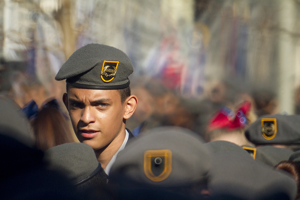 Lincoln High School freshman Hector Valenzuela waits for the start of the Veterans Day parade at Civic Center Park. Nov. 12, 2016. (Kevin J. Beaty/Denverite)
veterans day; jrotc; military; civic center park; denver; denverite; colorado; kevinjbeaty;