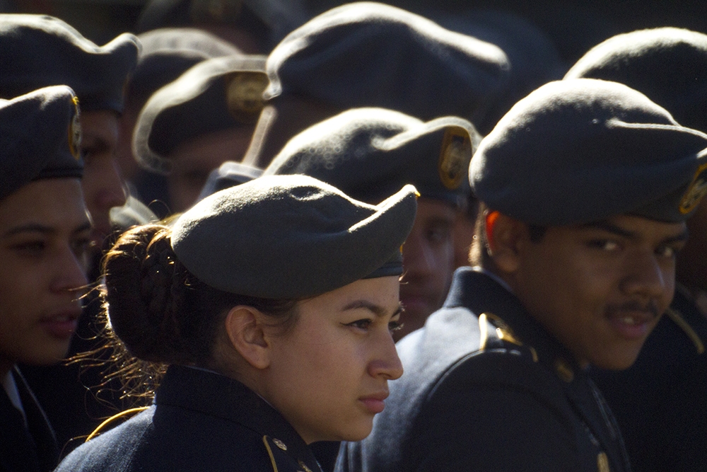 Lincolng High School senior Marina Ortiz waits for the Veterans Day parade at Civic Center Park to begin. Nov. 12, 2016. (Kevin J. Beaty/Denverite)
veterans day; jrotc; military; civic center park; denver; denverite; colorado; kevinjbeaty;