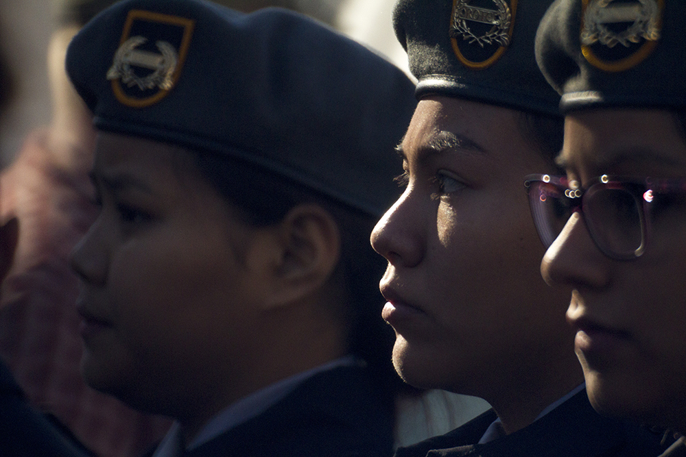 Bianey Delacruz, a George Washington High School sophomore, stands in formation during the Veterans Day parade at Civic Center Park. Nov. 12, 2016. (Kevin J. Beaty/Denverite)
veterans day; jrotc; military; civic center park; denver; denverite; colorado; kevinjbeaty;