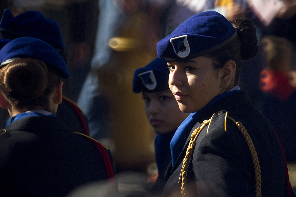 Alonda Miramontes, a Lincoln High School freshman, in line at a Veterans Day parade at Civic Center Park. Nov. 12, 2016. (Kevin J. Beaty/Denverite)
veterans day; jrotc; military; civic center park; denver; denverite; colorado; kevinjbeaty;