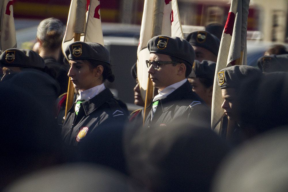 JROTC students stand in formation during the Veterans Day parade at Civic Center Park. Nov. 12, 2016. (Kevin J. Beaty/Denverite)
veterans day; jrotc; military; civic center park; denver; denverite; colorado; kevinjbeaty;