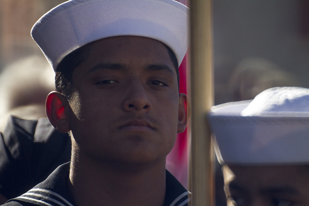 Jesusangel Enmiquez, a sophomore at Vista PEAK Preparatory, in line during the Veterans Day parade at Civic Center Park. Nov. 12, 2016. (Kevin J. Beaty/Denverite)
veterans day; jrotc; military; civic center park; denver; denverite; colorado; kevinjbeaty;