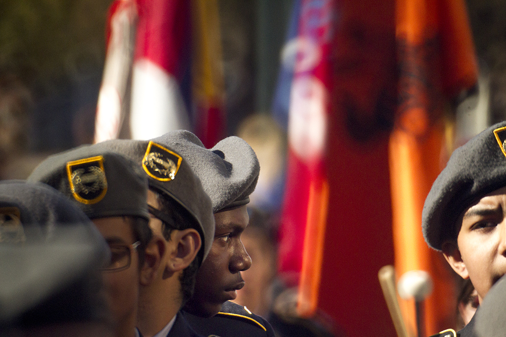 North High School freshman Shamond Davis marches in the Veterans Day parade at Civic Center Park. Nov. 12, 2016. (Kevin J. Beaty/Denverite)
veterans day; jrotc; military; civic center park; denver; denverite; colorado; kevinjbeaty;