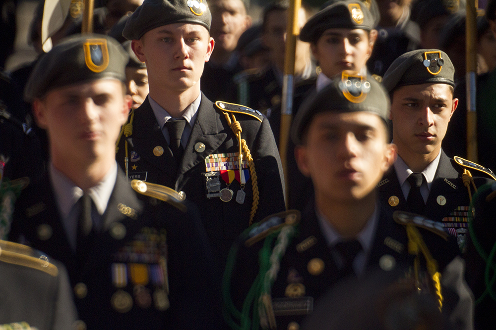 JROTC students stand in formation during the Veterans Day parade at Civic Center Park. Nov. 12, 2016. (Kevin J. Beaty/Denverite)
veterans day; jrotc; military; civic center park; denver; denverite; colorado; kevinjbeaty;