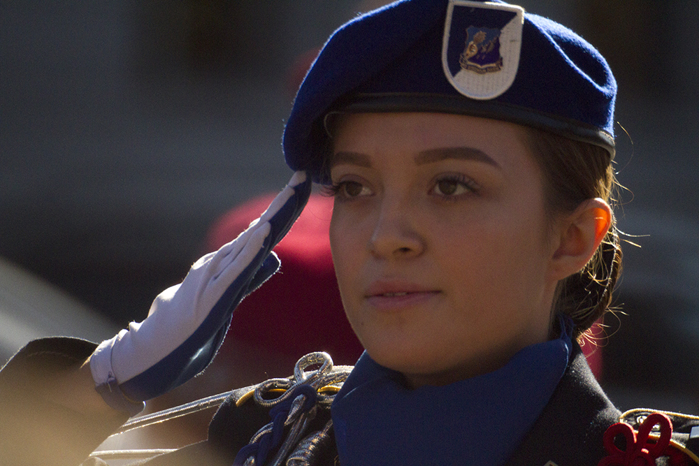 Lincoln High School senior Montse Corona is the leader of more than 200 JROTC students marching in the Veterans Day parade at Civic Center Park on Nov. 12, 2016. (Kevin J. Beaty/Denverite)
veterans day; jrotc; military; civic center park; denver; denverite; colorado; kevinjbeaty;