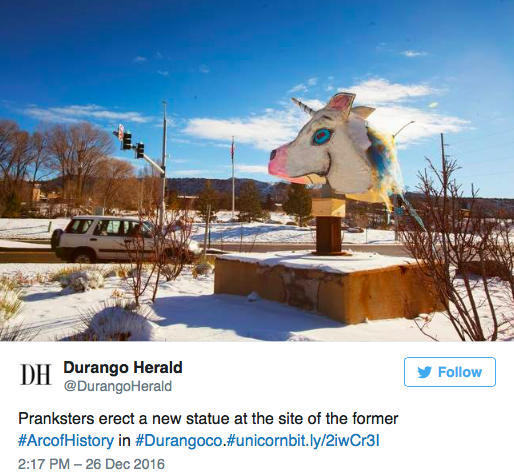 Screenshot of Durango Herald unicorn head tweet.