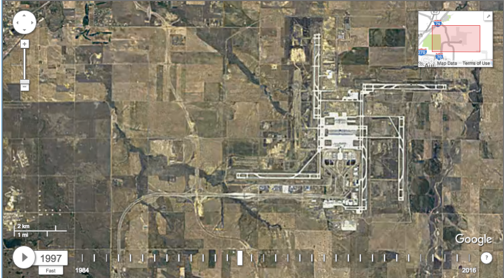 Google's new timelapse feature gives us a view of Denver through the years. (Google Maps Engine)
