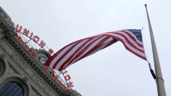 A flag flies at half staff in memoriam for RTD security guard Scott Von Lanken in front of Union Station, Feb. 1, 2017. (Kevin J. Beaty/Denverite)
union station; scott von lankin; memorial; denverite; denver; colorado; kevinjbeaty;