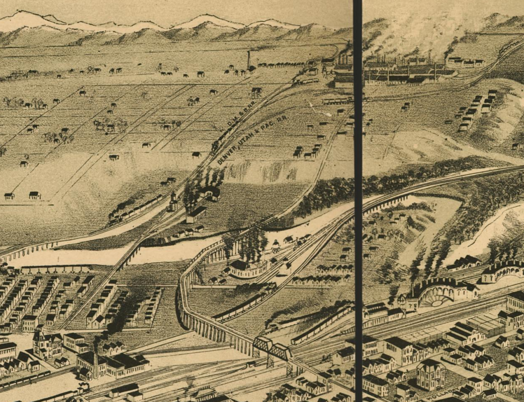 The company town of Argo, at topright, was connected to Denver by freight rail lines and by the streetcar viaduct at bottom center. (Denver Public Library)