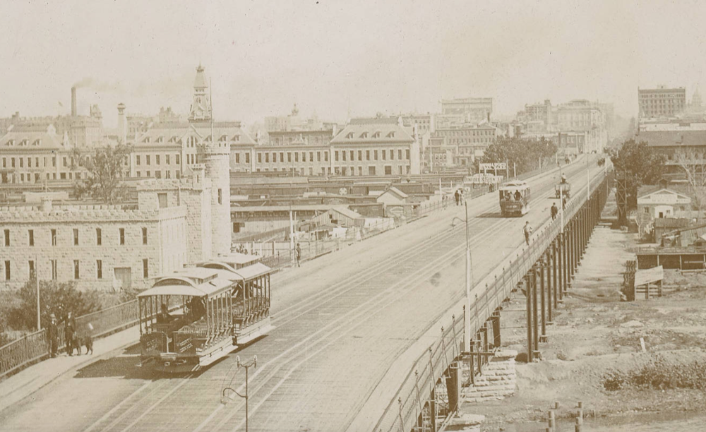 A view of the 16th Street viaduct in Denver form the west, likely in the late 1800s. (William Henry Jackson/Western History and Genealogy Dept./Denver Public Library)