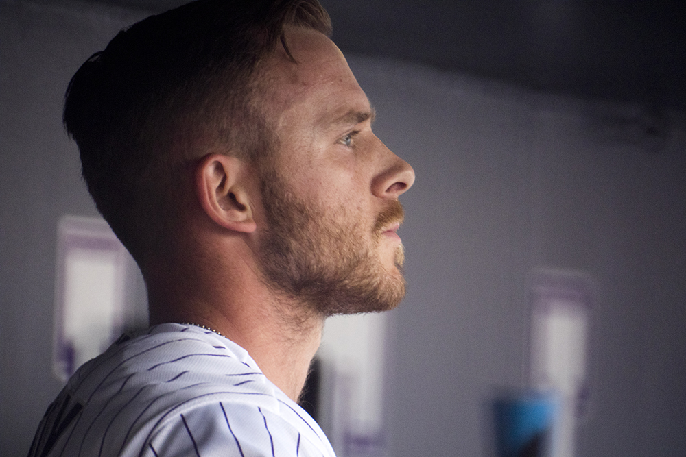 Trevor Story in the dugout. Coors Field opening day, April 7, 2017. (Kevin J. Beaty/Denverite)
rockies; ballpark; coors field; sports; baseball; opening day; denver; colorado; denverite; kevinjbeaty;