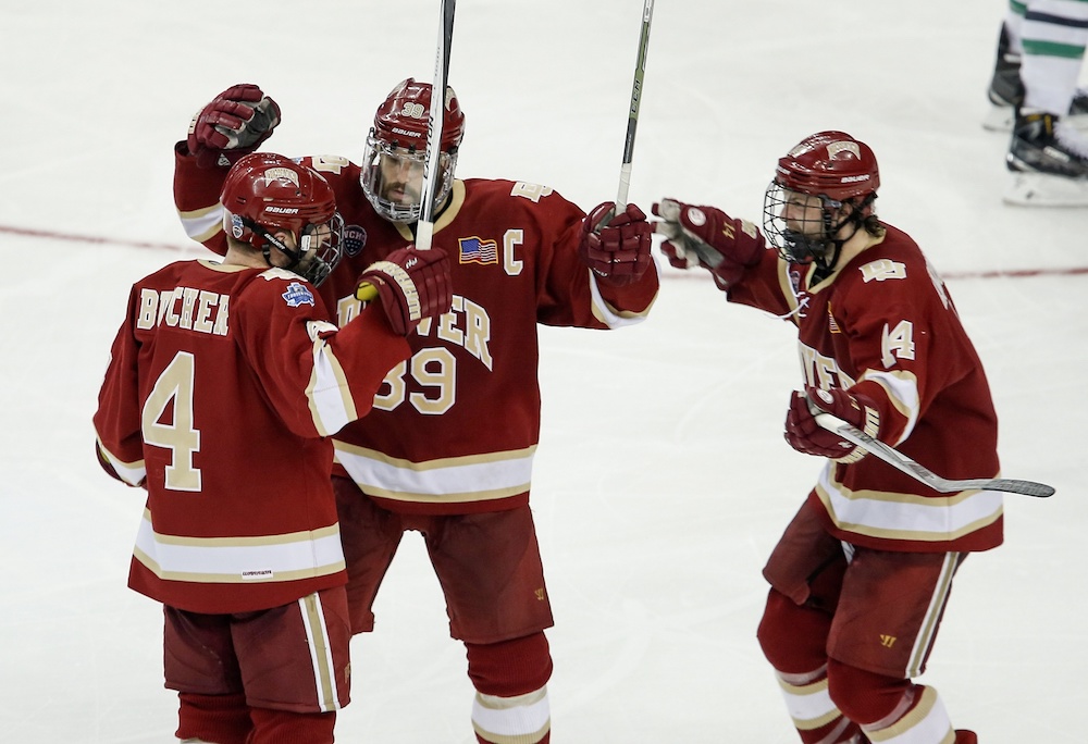The Denver hockey team plays Notre Dame in the Frozen Four tonight. (Reinhold Matay/USA Today Sports)