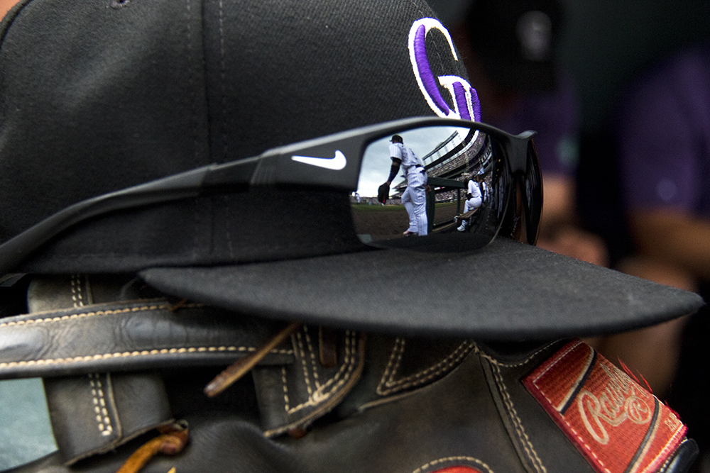 Charlie Blackmon's stuff in the dugout. Colorado Rockies vs the Cleveland Indians, June 7, 2017. (Kevin J. Beaty/Denverite)
colorado rockies; denver; sports; baseball; coors field; kevinjbeaty; denverite; colorado;