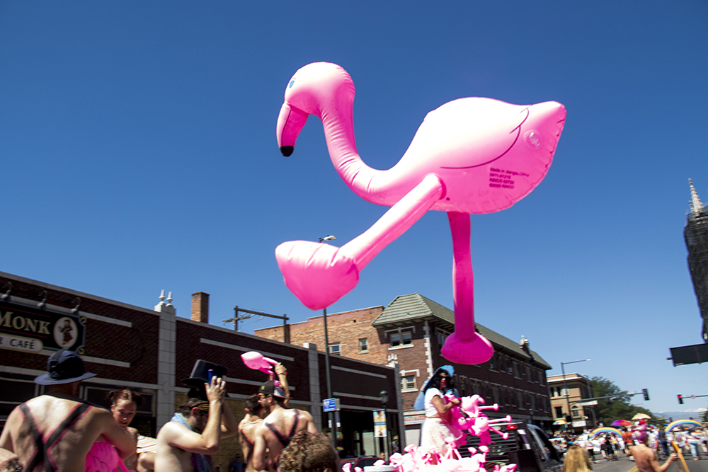 A flamingo finally flies, over Cofax. Denver PrideFest parade, June 18, 2017. (Kevin J. Beaty/Denverite)
pride; lgbtq; kevinjbeaty; denver; denverite; colorado; parade; colfax;