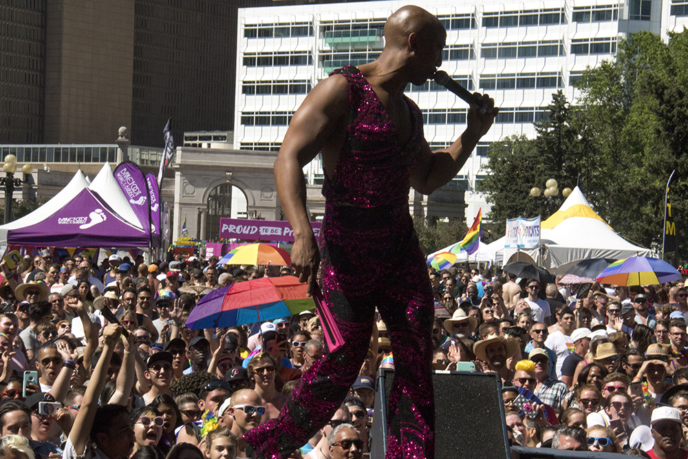 Longtime Pride MC Demarcio Slaughter on the main stage. Denver PrideFest, June 18, 2017. (Kevin J. Beaty/Denverite)
pride; lgbtq; kevinjbeaty; denver; denverite; colorado; civic center park;