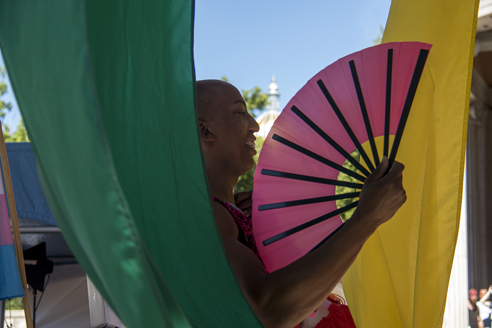 Longtime Pride MC Demarcio Slaughter on the main stage. Denver PrideFest, June 18, 2017. (Kevin J. Beaty/Denverite)
pride; lgbtq; kevinjbeaty; denver; denverite; colorado; civic center park;