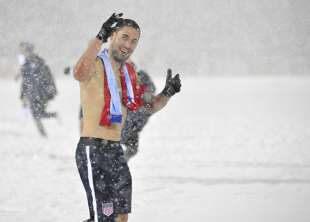 Clint Dempsey celebrated the win without a shirt. (Ron Chenoy/USA Today Sports)