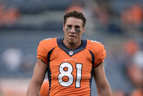Former Bronco Joel Dreesen, also pictured here during his playing days. (Ron Chenoy/USA Today Sports)