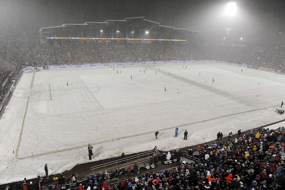 It was snowy at Dick's Sporting Goods Park on March 22, 2013. (Ron Chenoy/USA Today Sports)