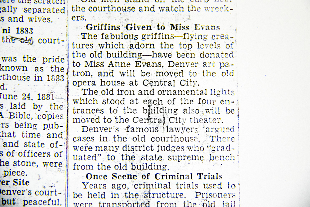 "Griffins Given to Miss Evans," Rocky Mountain News, 1933. (Denver Public Library/Western History Collection/clippings file) arapahoe courthouse; history; archival; downtown; denver public library; colorado; denverite