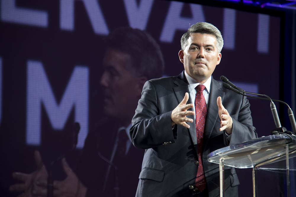 Senator Cory Gardner speaks at the Western Conservative Summit, July 21, 2017. (Kevin J. Beaty/Denverite)
western conservative summit; wcs; protest; cory gardner; healthcare; adapt; medicaid; denver; denverite; kevinjbeaty; corygardner;