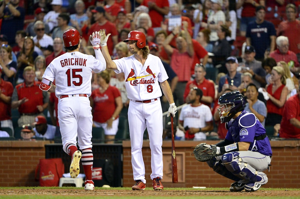 Randal Grichuk is congratulated after smacking a dinger. (Jeff Curry/USA Today Sports)