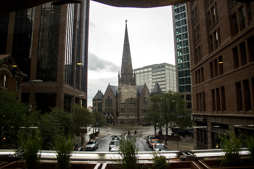 Trinity United Methodist Church seen from the Brown Palace Hotel's skywalk, Aug. 3, 2017. (Kevin J. Beaty/Denverite)
brown palace hotel; denver; colorado; denverite; kevinjbeaty;