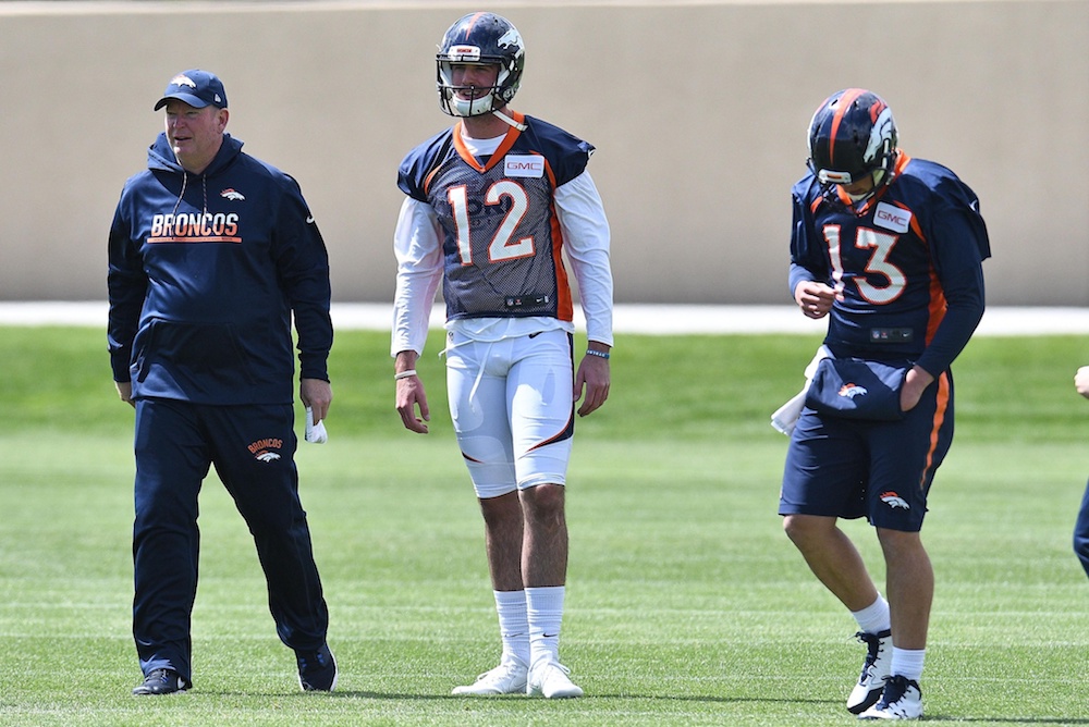 Paxton Lynch, center, and Trevor Siemian, right, will get their first preseason action of 2017 tonight in Chicago. (Ron Chenoy/USA Today Sports)