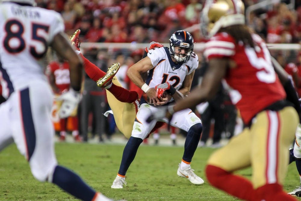 Paxton Lynch threw for 39 yards Saturday. (Sergio Estrada/USA Today Sports)
