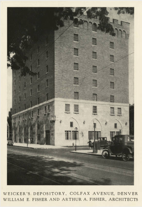 View of the Weicker storage facility located at 2100 Colfax Ave. circa 1926. The architectural firm of William E. Fisher and Arthur A. Fisher. (Denver Public Library/ DPL-59)