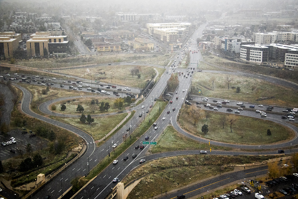 Speer Boulevard and I-25 seen from The Confluence Denver, Oct. 26, 2017. (Kevin J. Beaty/Denverite)