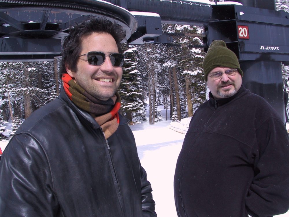 Aaron Evanson, left, and John Godsey are pictured here on a commercial shoot in 2002. (Courtesy of Aaron Evanson)