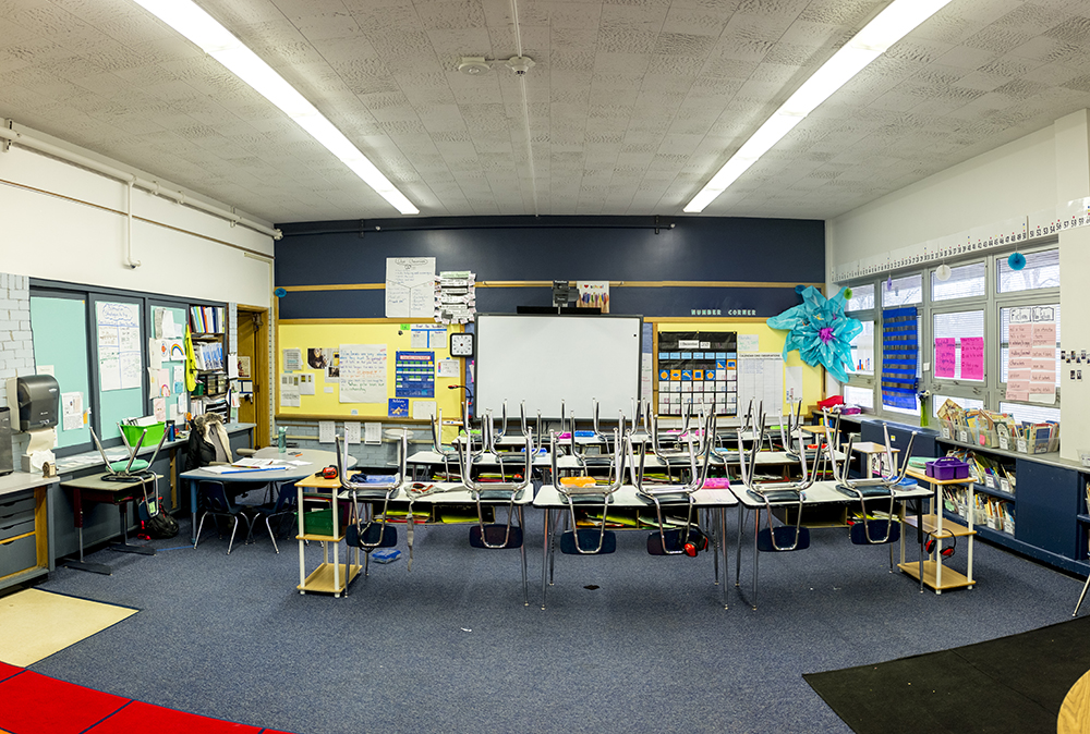 An empty classroom at Goldrick Elementary School, Dec. 7, 2017. (Kevin J. Beaty/Denverite)