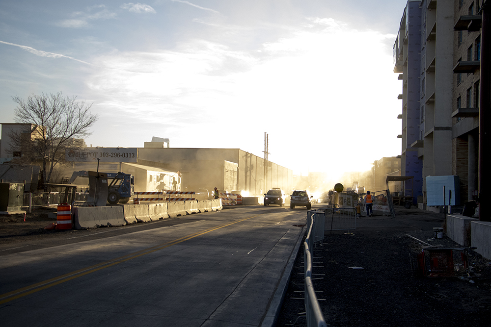 A dusty cloud from a Brighton Boulevard construction site is illuminated by late-afternoon sunlight. Dec. 12, 2017. (Kevin J. Beaty/Denverite)
rino; five points; brighton boulevard; kevinjbeaty; denver; denverite; colorado;