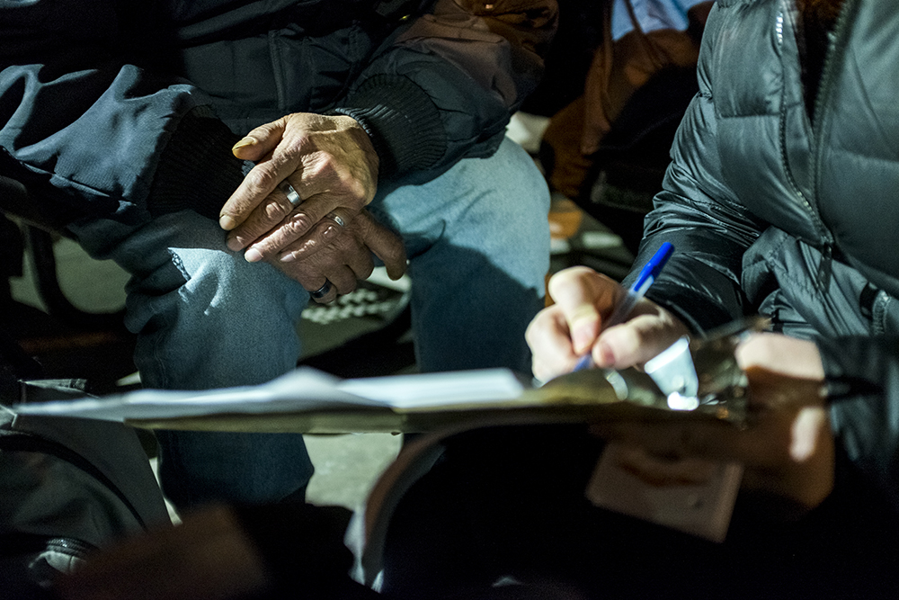 Jesse Lyon interviews Richard Martin for the annual point-in-time survey at the Denver Rescue Mission, Jan. 30, 2018. (Kevin J. Beaty/Denverite)
denver; colorado; denverite; kevinjbeaty; homelessness; denver rescue mission; metro denver homeless initiative;
