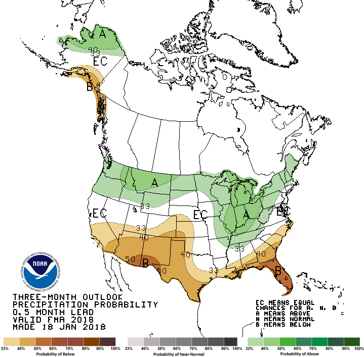 The outlook for precipitation for the end of winter and early spring. (NOAA)