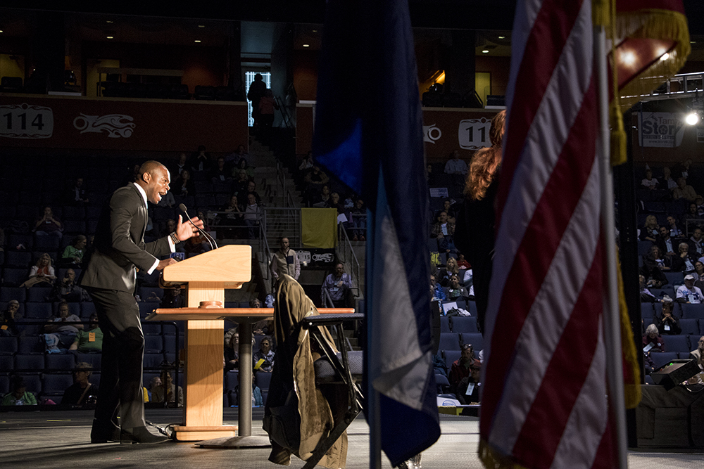 Erik Underwood. The 2018 Democratic State Assembly at the 1stBank Center in Broomfield, April 14, 2018. (Kevin J. Beaty/Denverite) copolitics; broomfield; colorado; politics; election; kevinjbeaty; denverite;