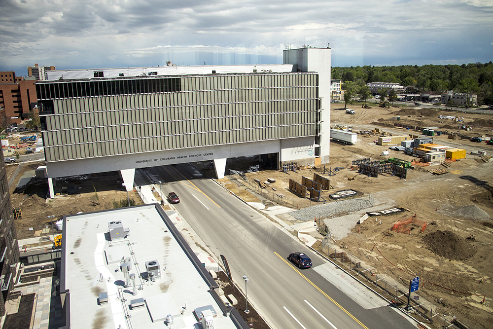 Construction at the former campus of the University of Colorado Health Sciences Center near 9th Avenue and Colorado Boulevard, May 14, 2018. (Kevin J. Beaty/Denverite)